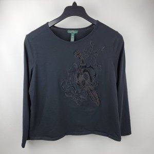 LRL Lauren Jeans Co Women Tunic Top Long Sleeve Pullover Black Rhinestones XL